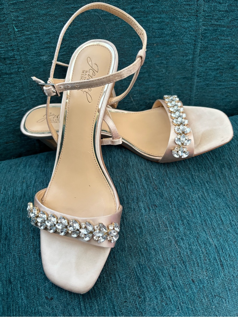 Jewel by Badgley Mischka Rose Gold Crystal-Embellished Satin Sandals